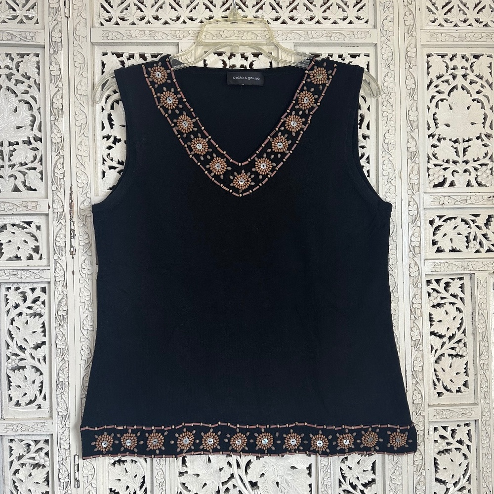 Cable & Gauge Black Beaded‎ Boho Earthy V Neck Sleeveless Tank Top Sz Large